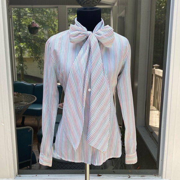 Vintage Tops - Vintage 70s 80s Secretary Necktie Striped Blouse